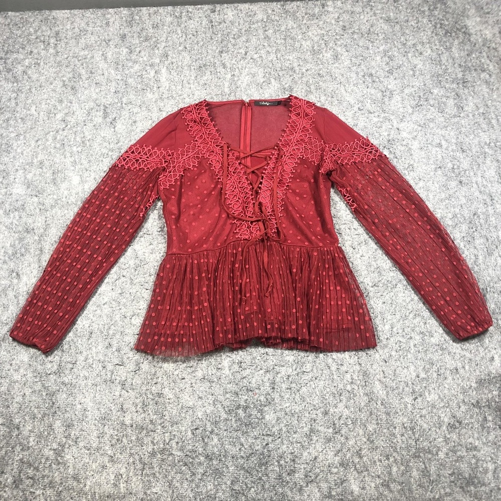 BKE Boutique Blouse Womens Small Red Sheer Mesh Polka Dot Lace Up Peplum Top